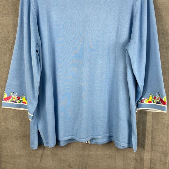 Bob Mackie Sweater Womens XL Blue Fruit Floral Embroidered Cardigan Artsy Preppy - Picture 7 of 14